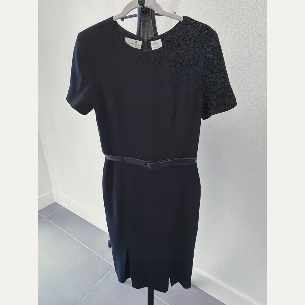 Vintage Liz Claiborne Classic Black Sheath Dress Short Sleeve Matching Slim Belt
